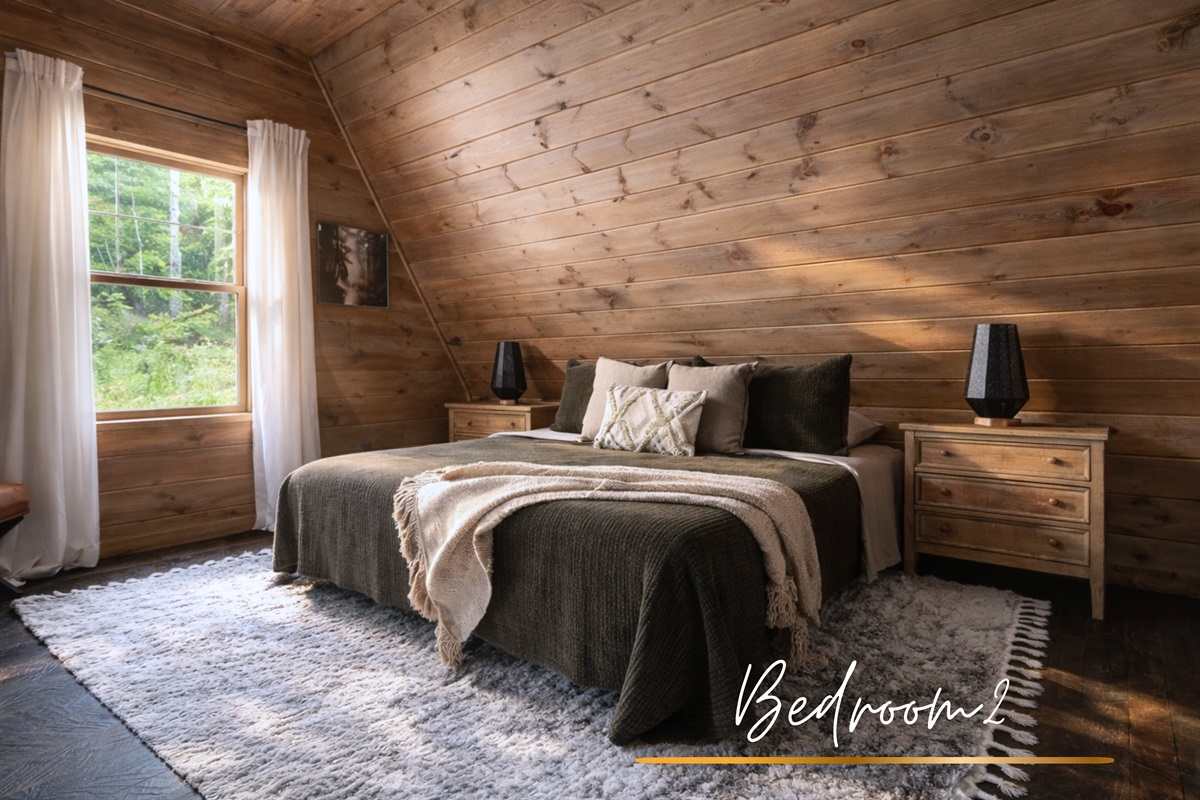 King bed draped in greens and creams, a soft, calming nest for deep, uninterrupted sleep.