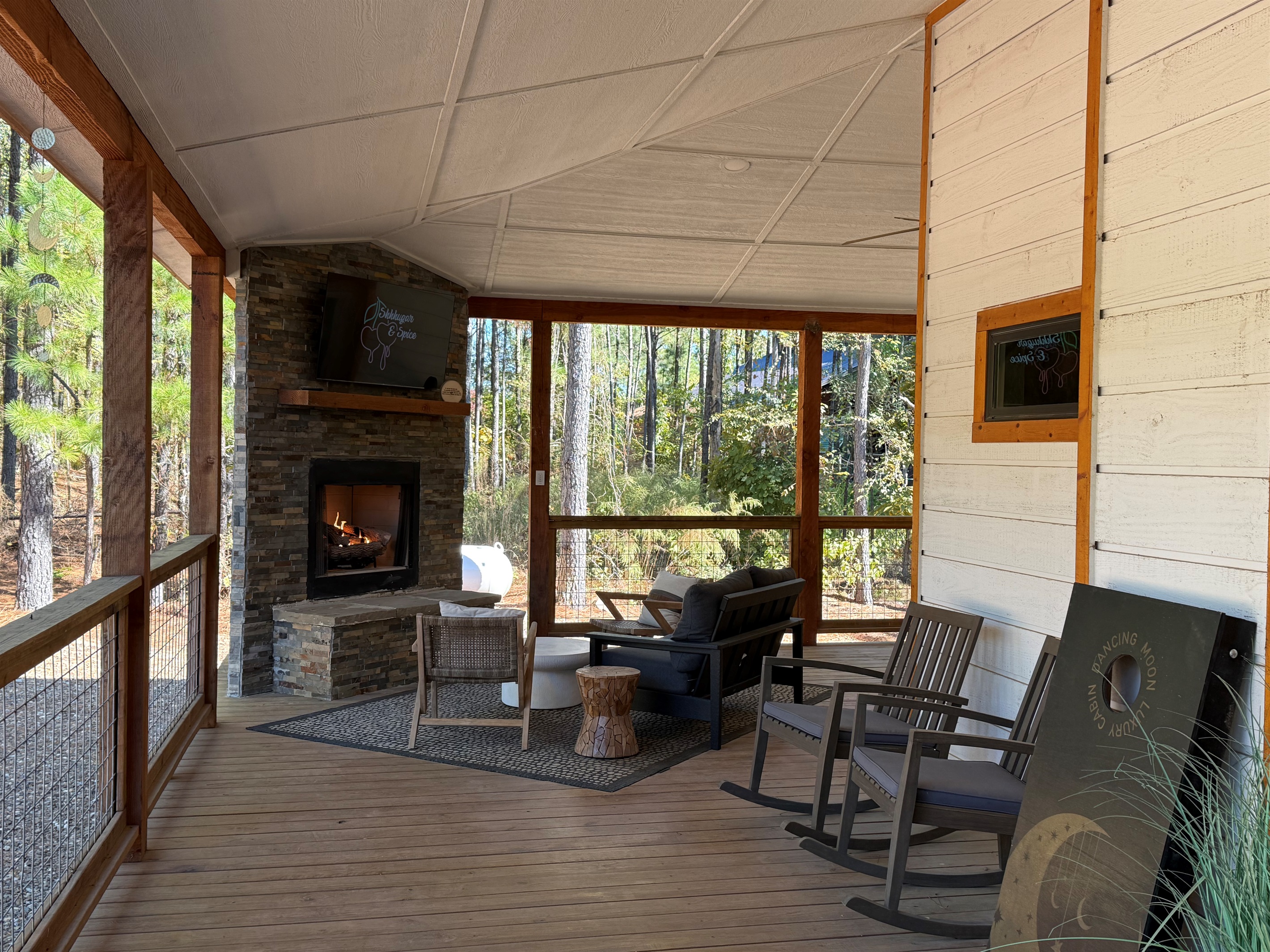 Cozy up by the fire with your coffee and your favorite person, or relax in the rocking chairs listening to the sounds of nature. 