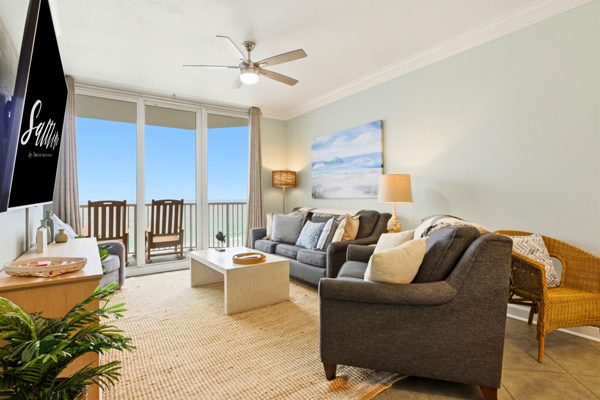 With comfortable furnishings and floor-to-ceiling views of the Gulf, this space offers the perfect blend of comfort and scenery.