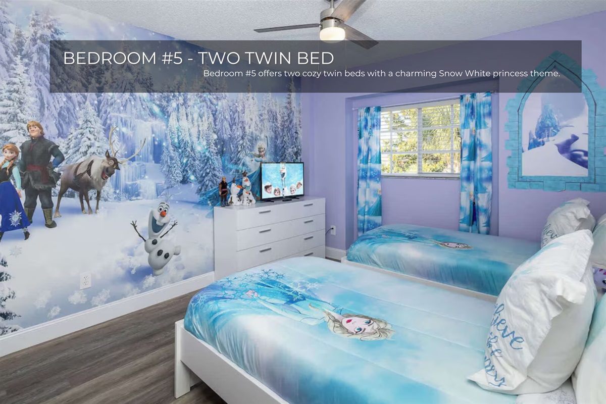 Bedroom 5 offers two cozy twin beds with a fairytale Snow White accent.