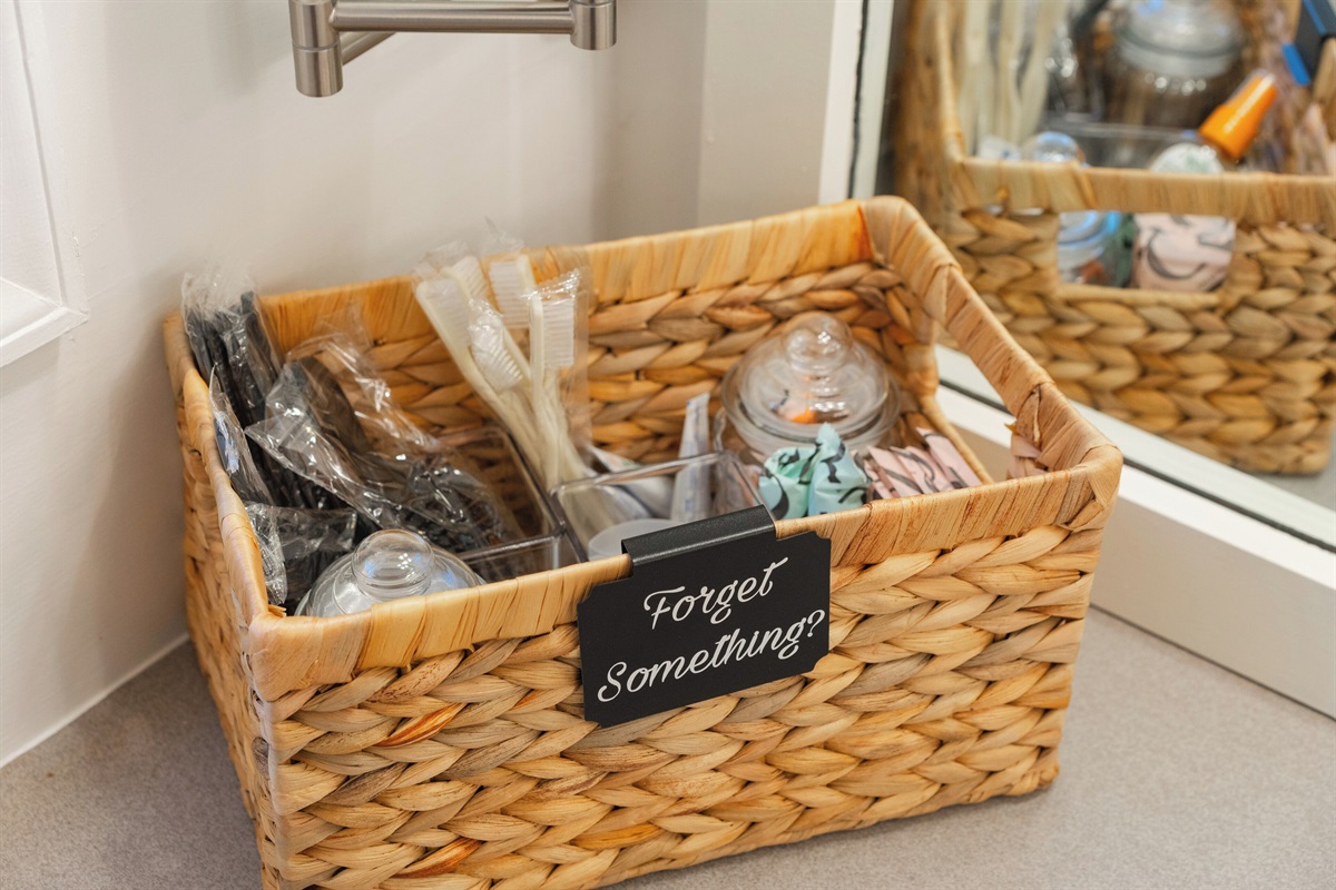 "forget something" basket - our gift to you just in case you forgot your toothbrush at home.  Or maybe something else.  Anything to make your holday stress free.