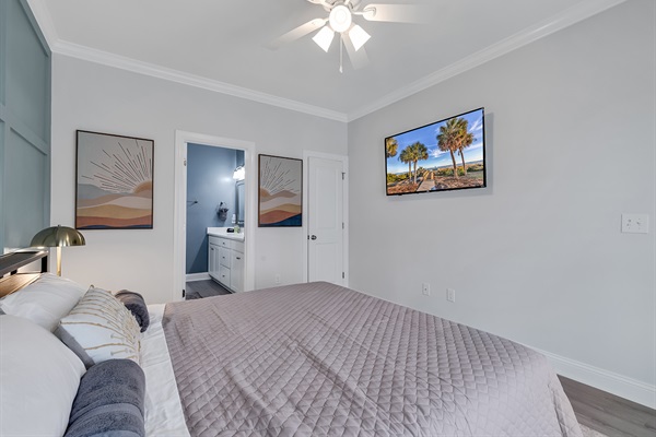 Indulge in unparalleled comfort in our Master Bedroom sanctuary. Unwind in the luxury of a King bed, enjoy the convenience of an attached bath, and dive into entertainment with a 55" Roku TV.