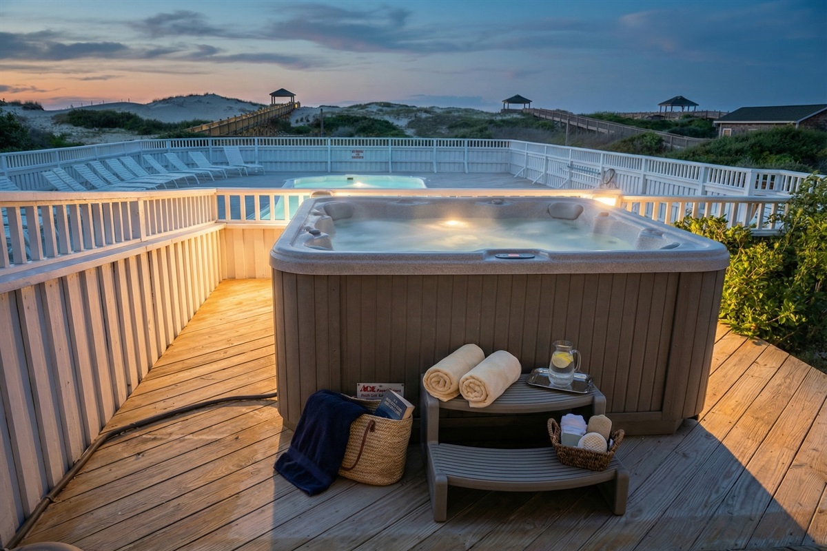 Relax in our hot tub on crisp OBX evenings, a warming touch to your destination wedding or event experience in the Outer Banks.