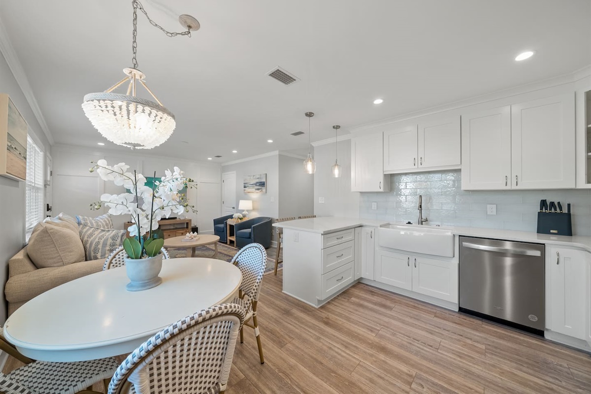 Seating for up to 4 people at the dining table and seating for up to 2 at the breakfast bar