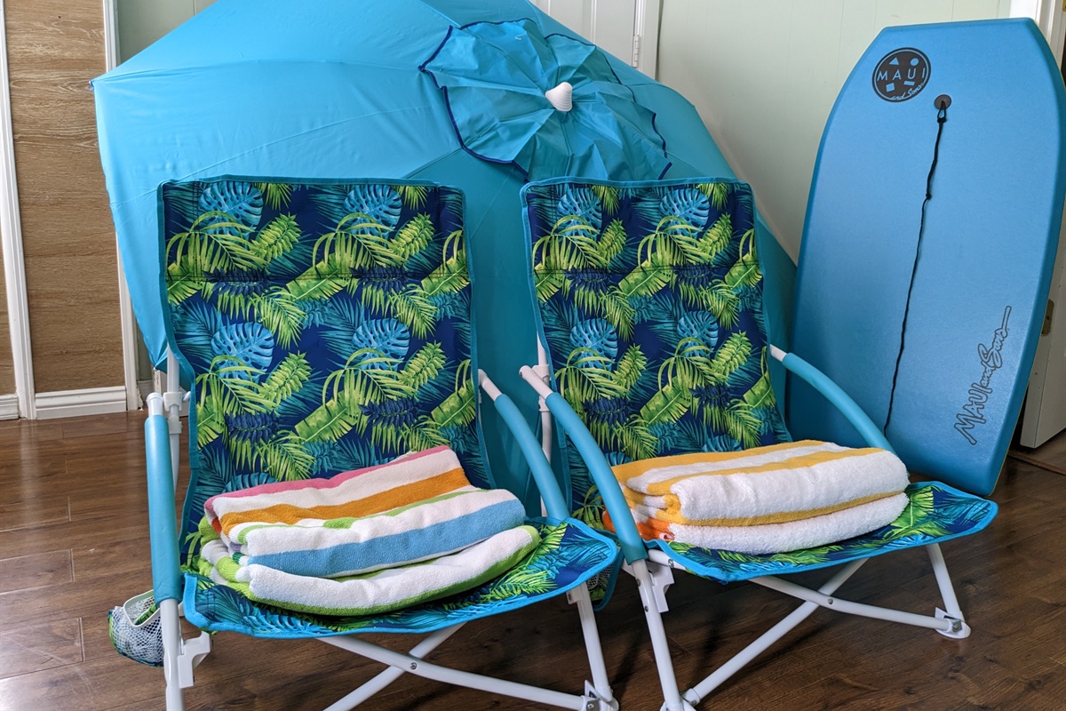 All the beach gear you need including 4 Beach chairs, towels, boogie board and umbrella