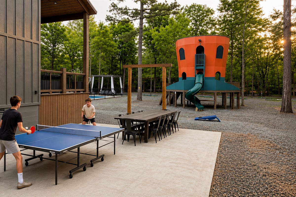 Outdoor Recreation Space: Play ping pong or slide into adventure in this fun-filled backyard!