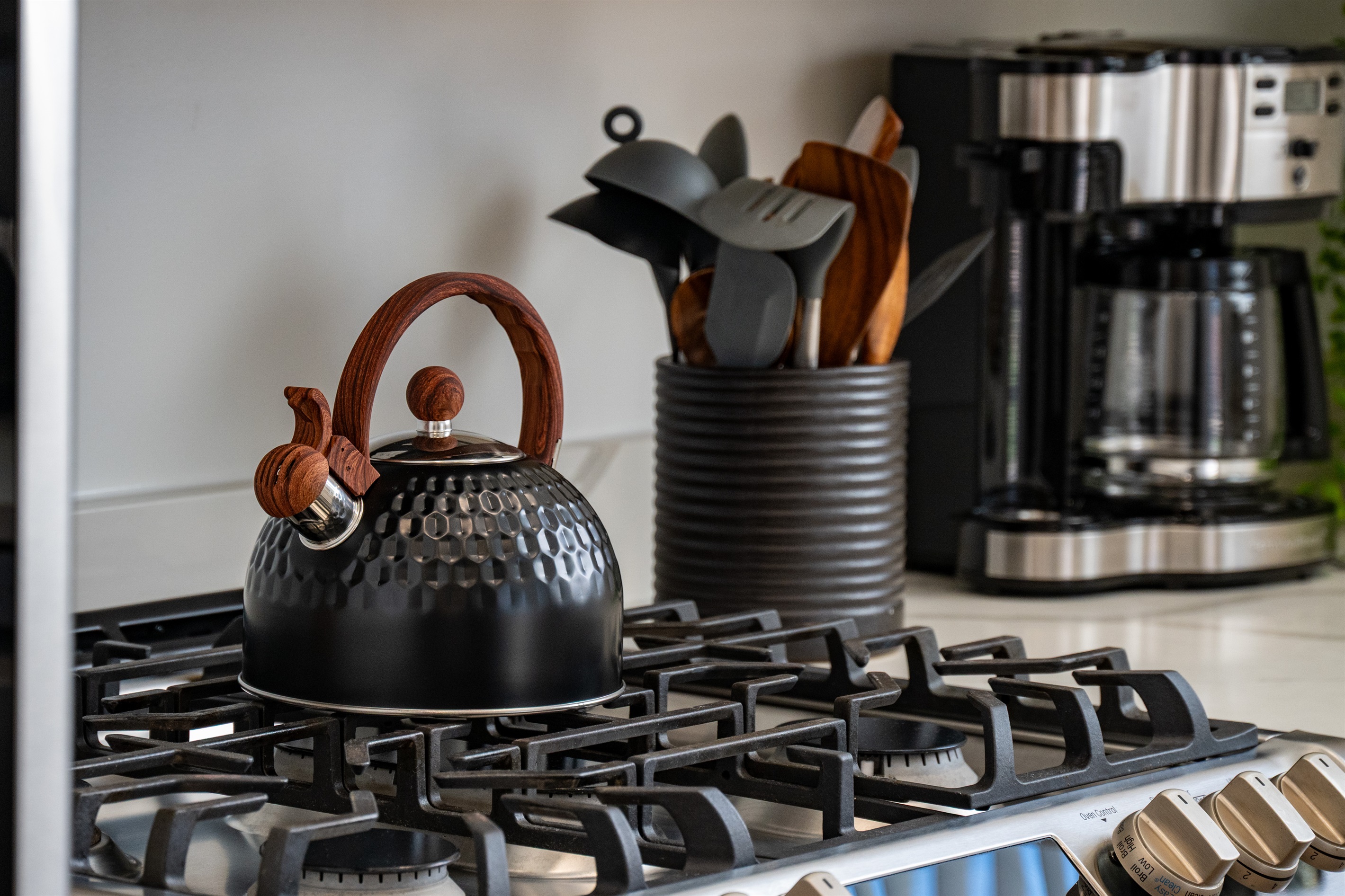 Coffee and tea station with premium appliances for your morning routine.