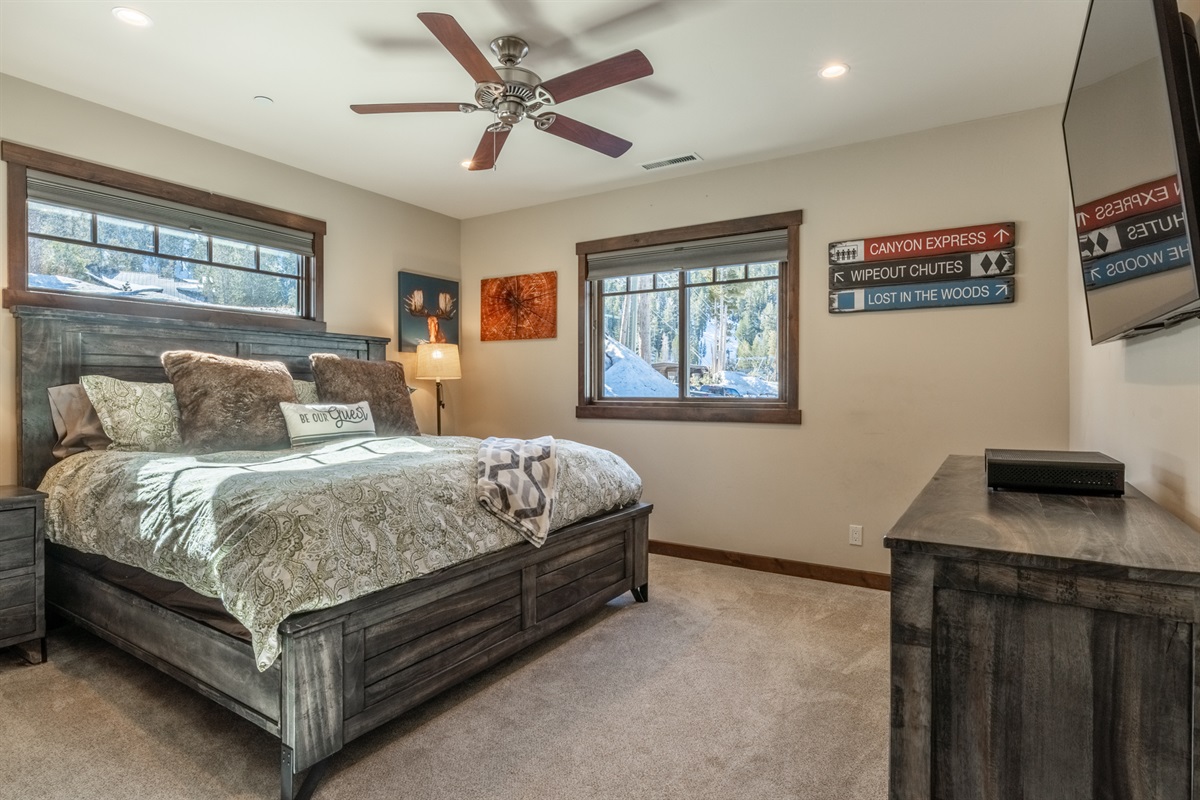 Comfort meets character with playful, offbeat art and delightfully asymmetrical lamps. The ‘Be Our Guest’ pillow may be a little on the nose—but hey, it means it.