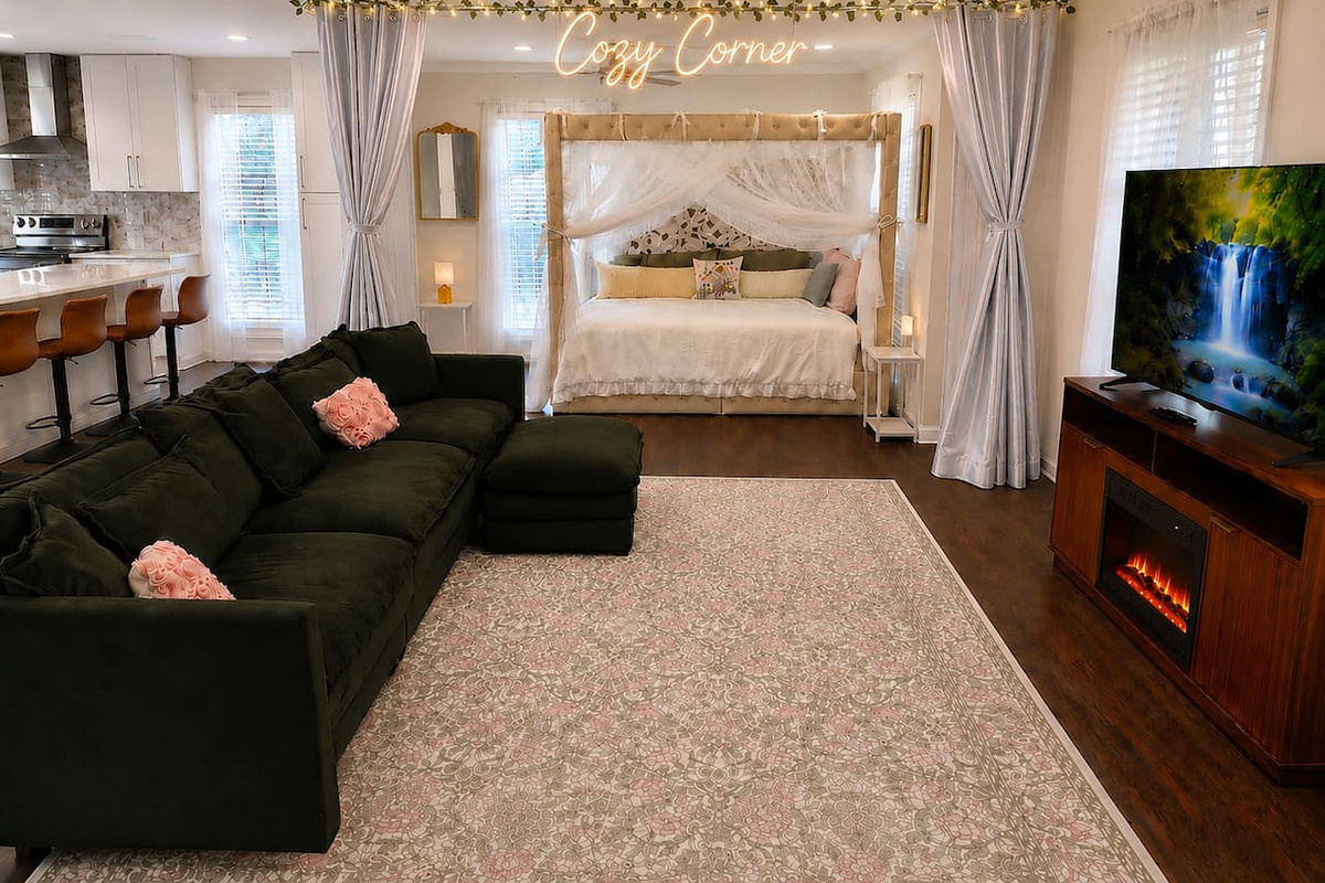 Living room + Cozy Corner Lounge Area (curtains opened) 