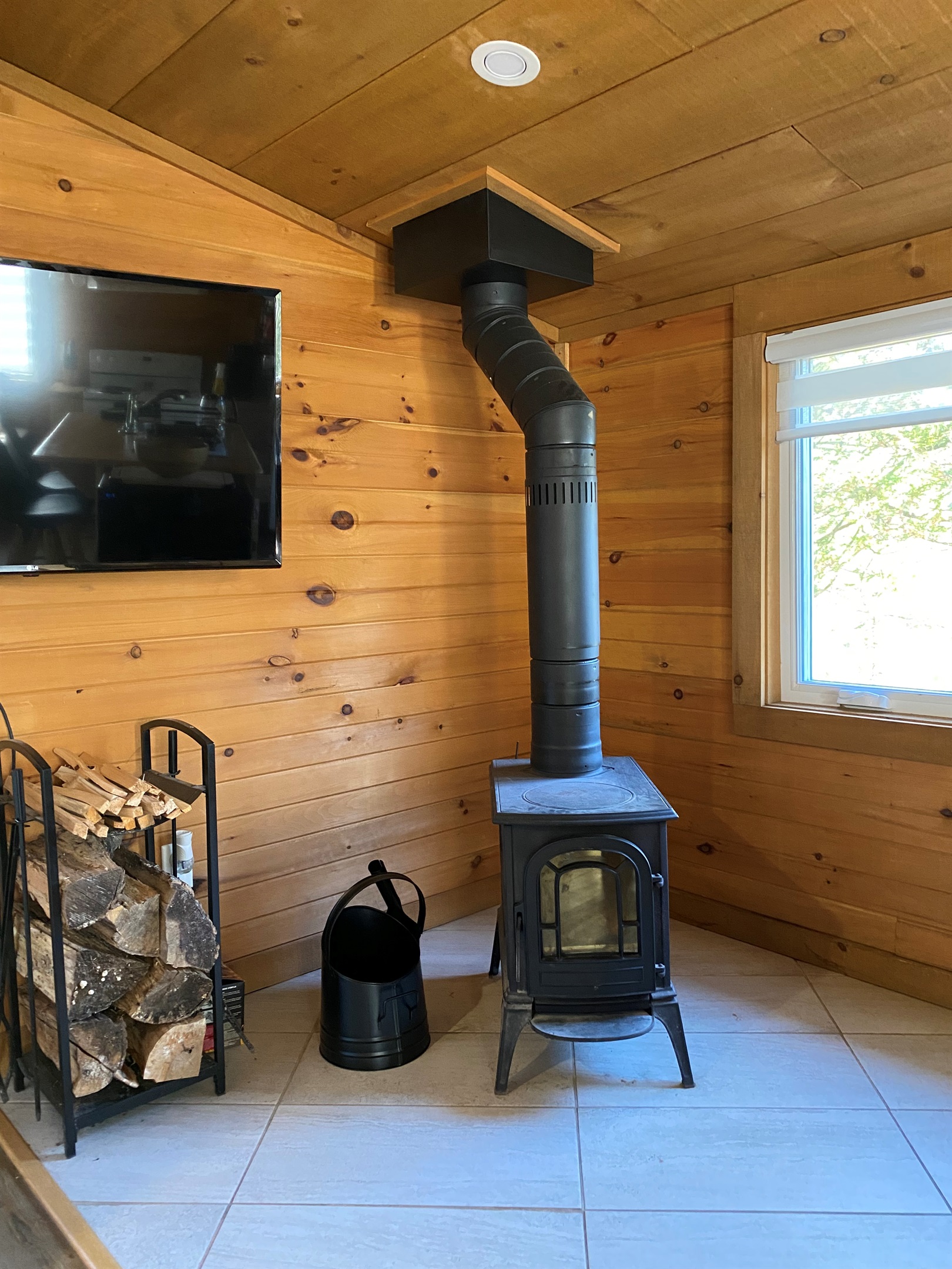 Wood stove, fire wood and accessories in living room