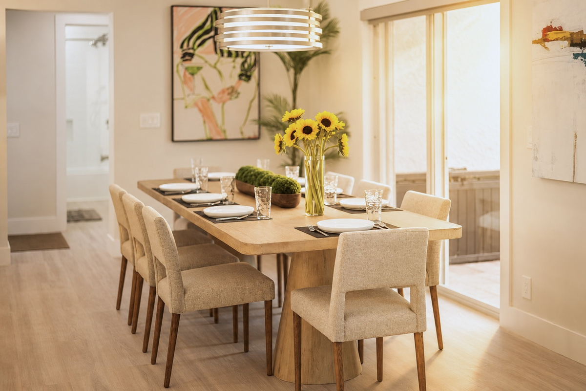 A warm dining setup with fresh flowers and patio access creates an inviting spot for breakfast, dinner, or a quick bite between swims.
