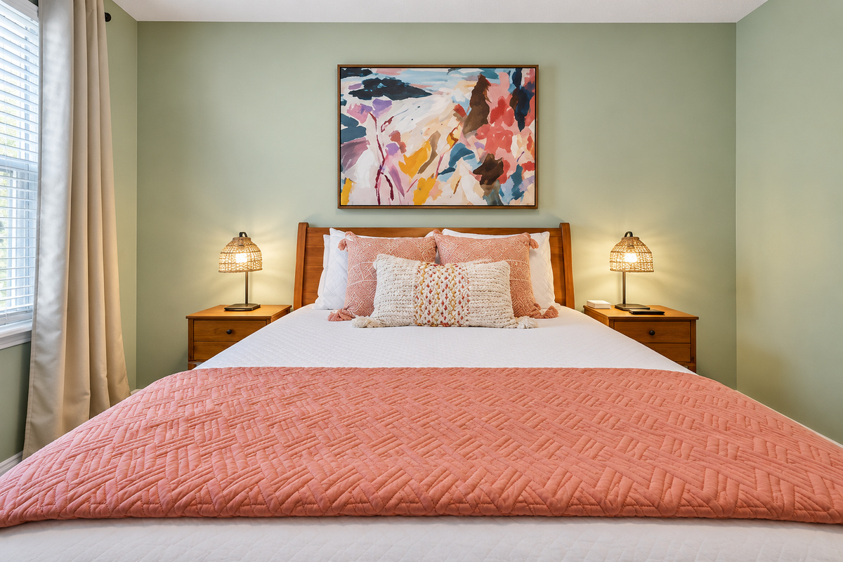 We get a lot of compliments over the mid-century modern feel of this bedroom which also comes with a smart tv and a ceiling fan.