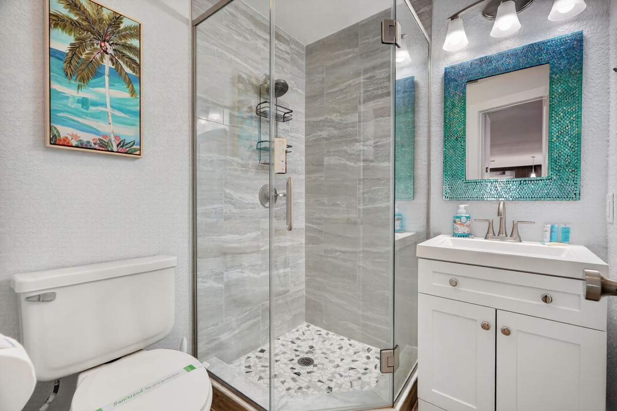 Bathroom with glass shower, second view