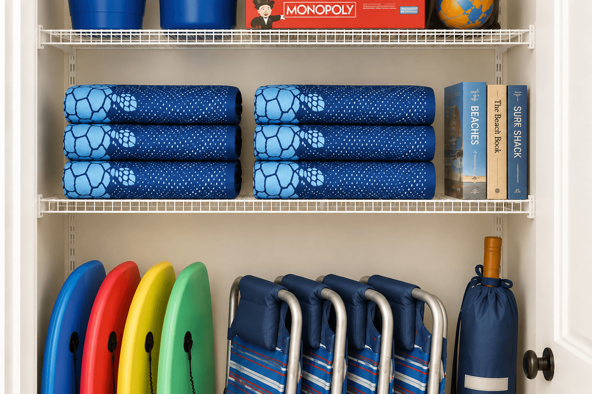 Beach chairs, boogie boards, sun umbrella, beach toys, books, and board games