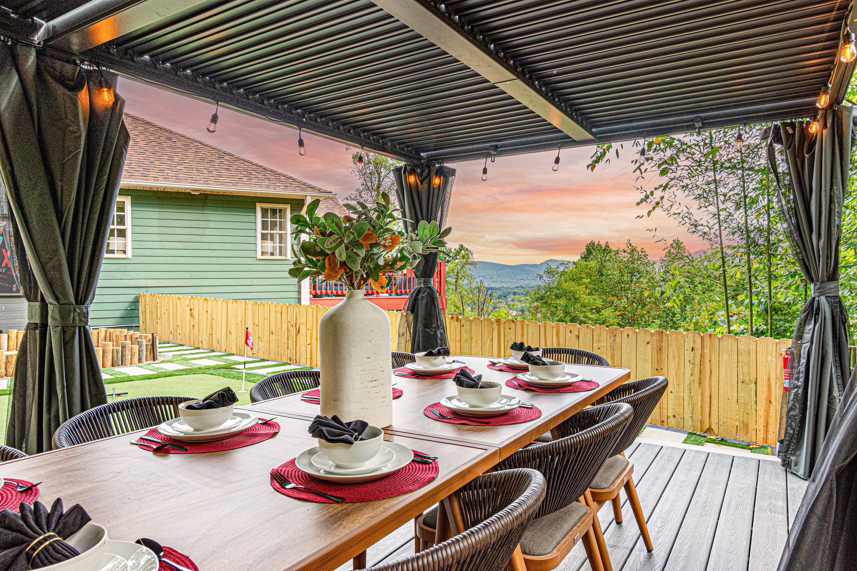 Gather under our charming outdoor pergola with seating for 10! This inviting space is perfect for al fresco dining and lively conversations. Enjoy the shade and beauty of your surroundings while making unforgettable memories with friends and family!