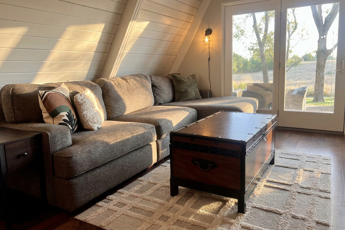 Comfortable deep seat sofa, exit to patio and hot tub and 50" TV.
