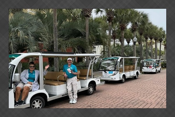 Free beach tram right outside the house