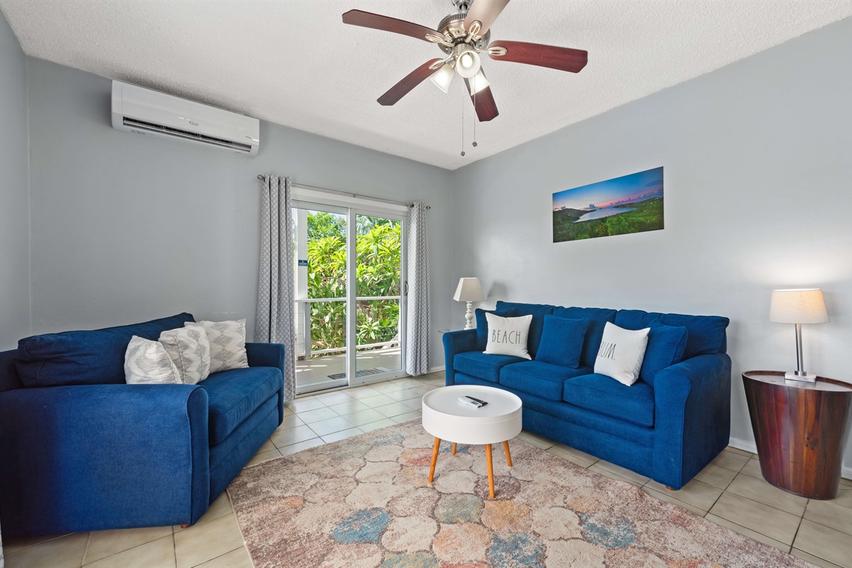 The apartment living room has two sleeper sofas, a twin and a queen.