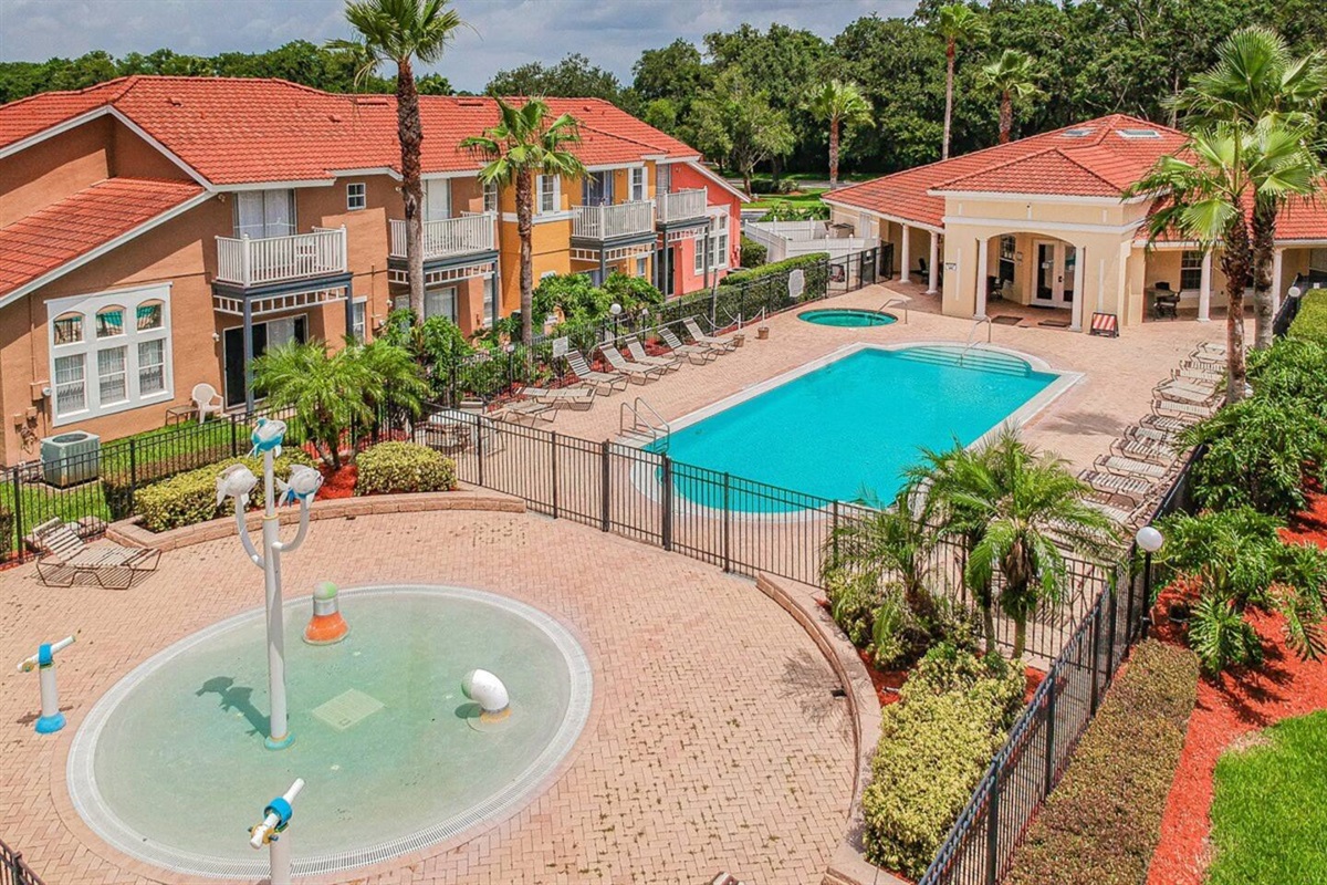 Next to the main pool, there is  a splash pad for the little ones.