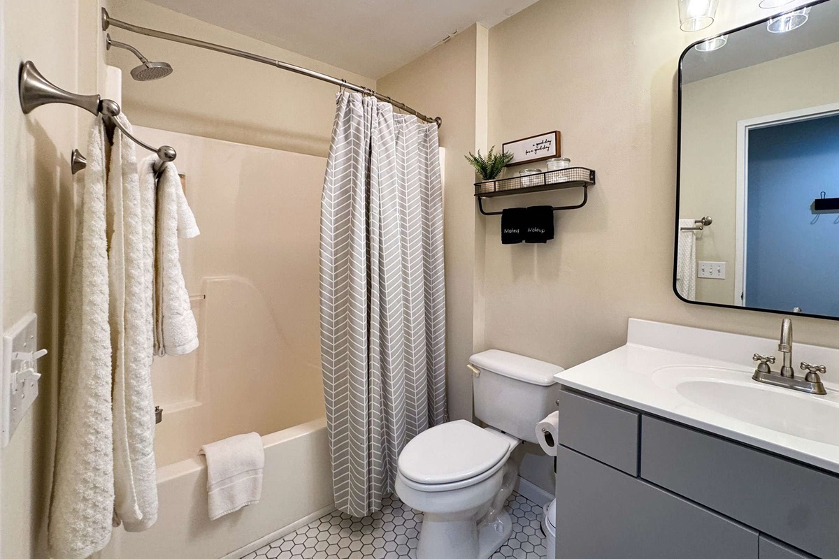 The main level bathroom features a combination tub/shower, toilet, and sink. One bath towel and wash cloth also provided for each guest.