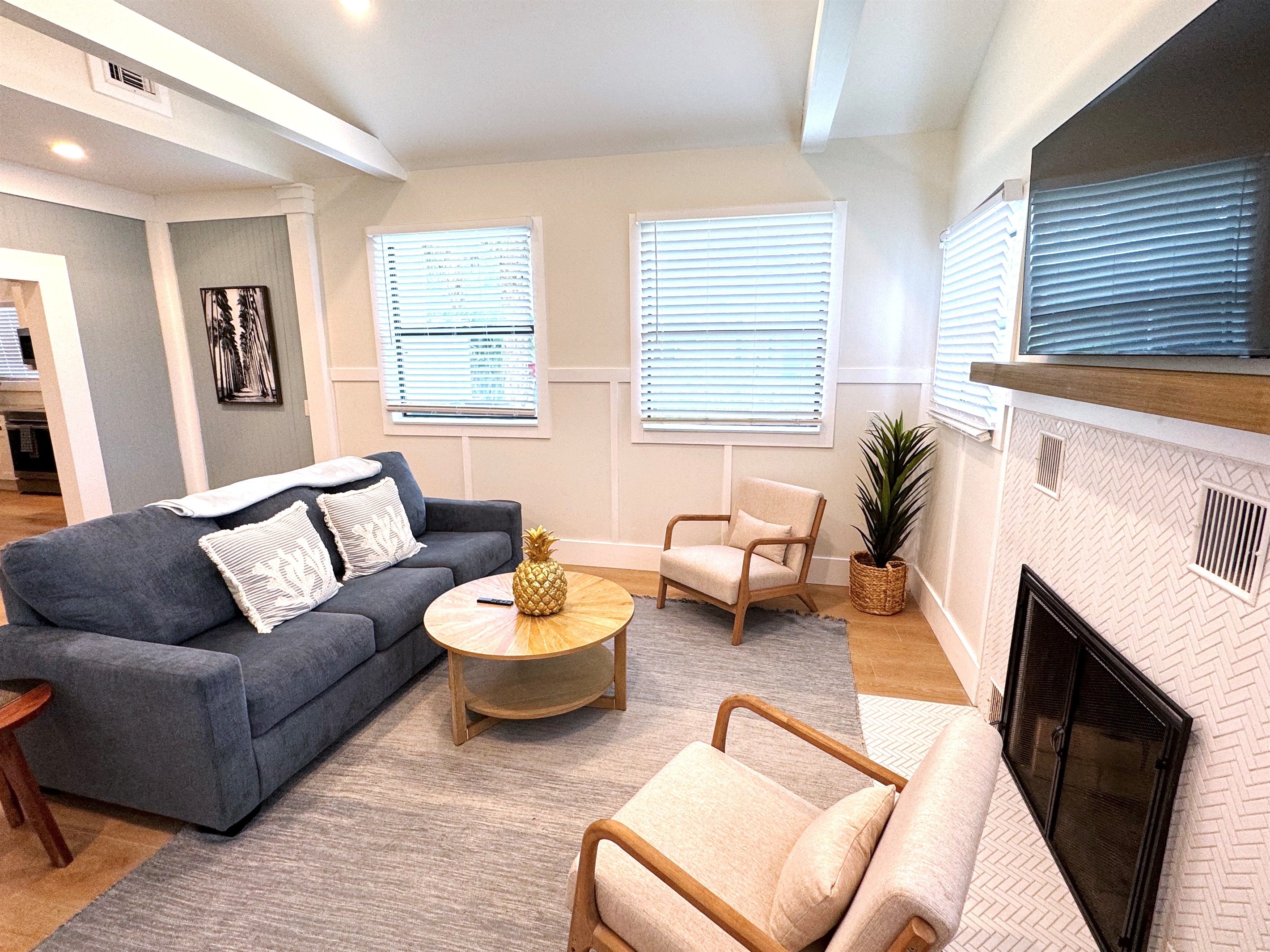 Unwind in this spacious living room with sofa bed and tv