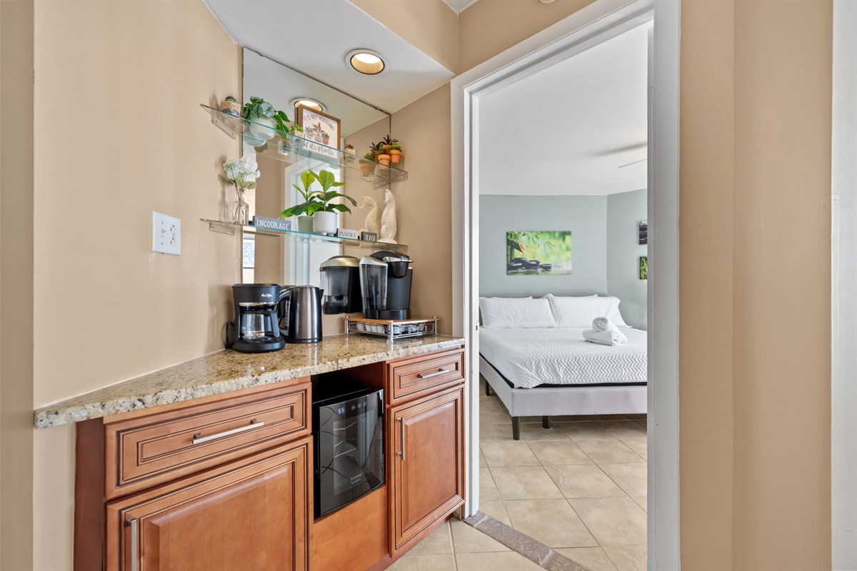 Coffee and beverage station is just outside the master bedroom, offering a convenient start to your mornings