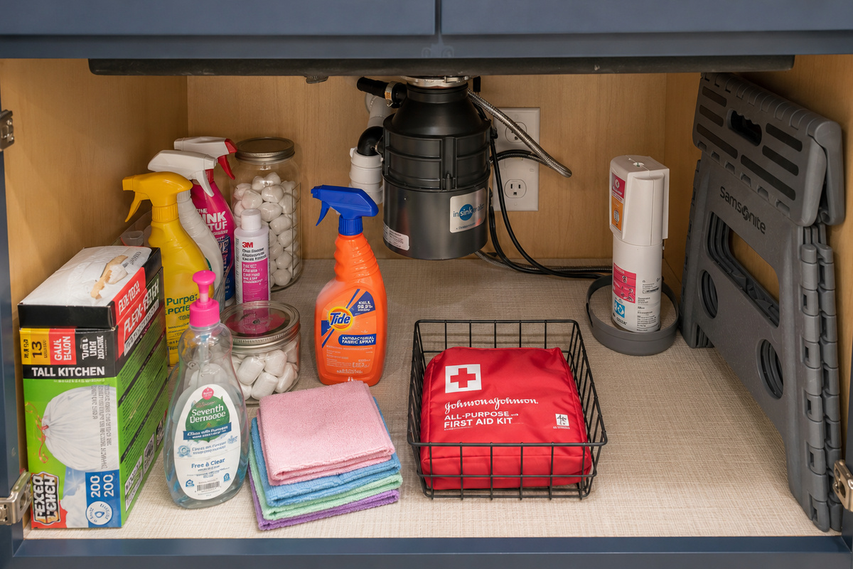 Well-stocked for your convenience cleaning supplies and first aid at hand!