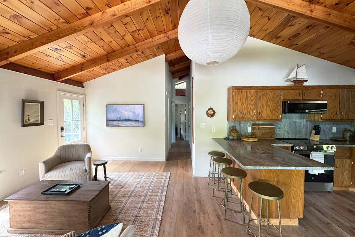 Open Concept Living/Kitchen with beautiful tongue and groove celings and FrameTV