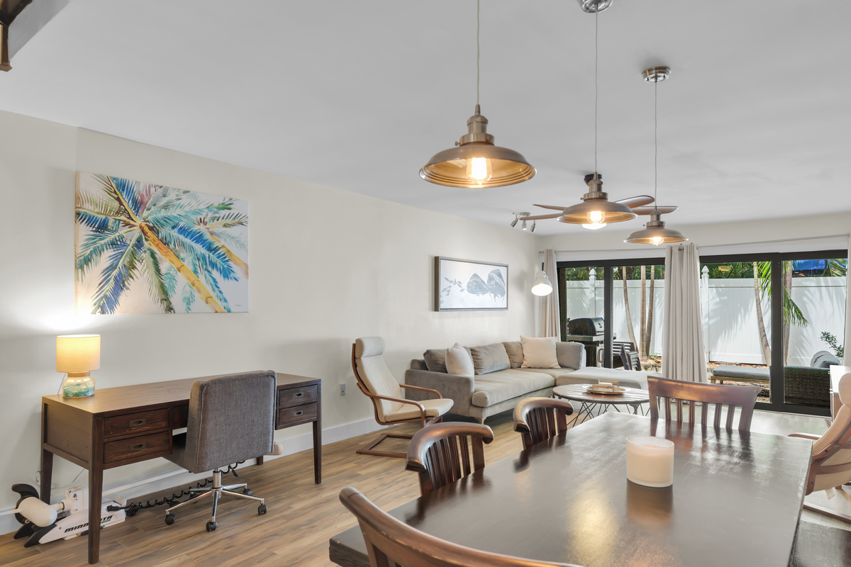 Work desk in open living and dining space
