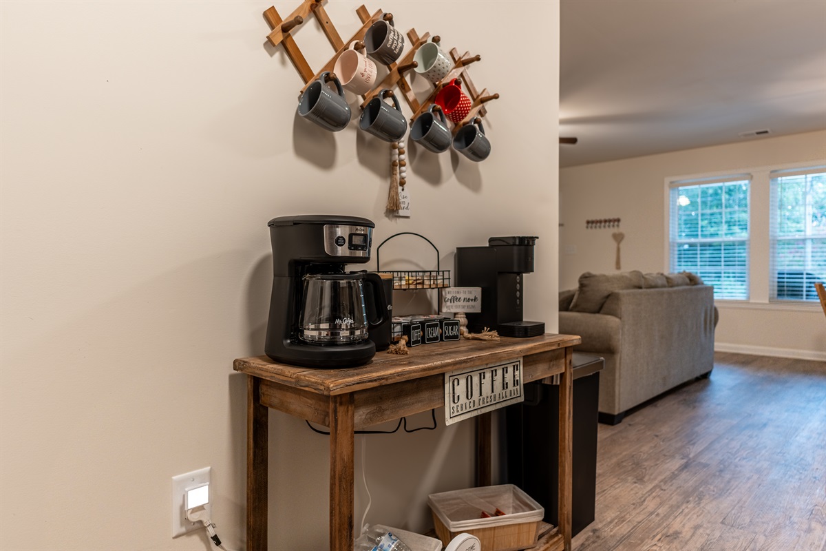 Coffee bar with supplies and plenty of coffee for your stay