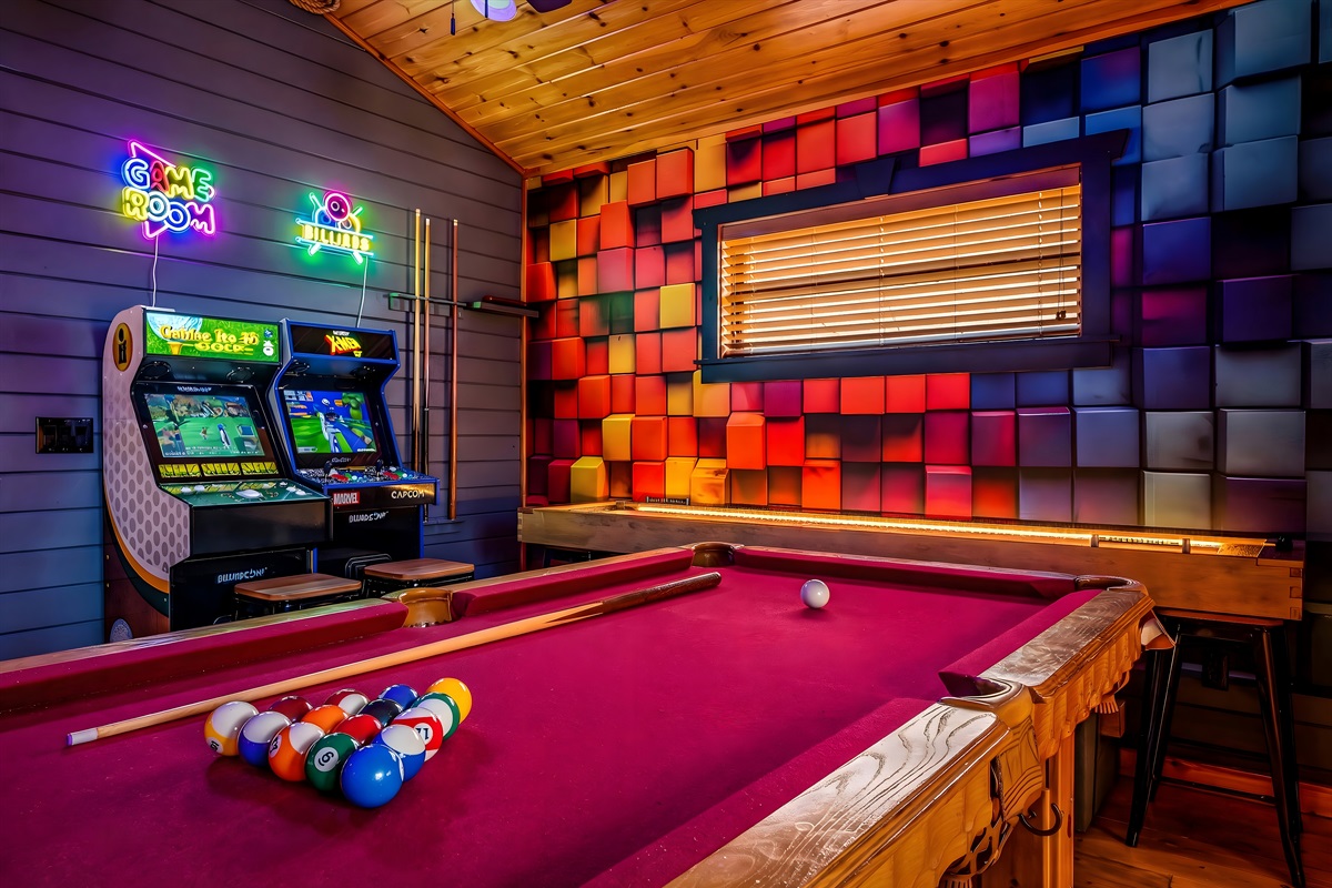 Three ways to play upstairs and nowhere to be — grab a cue, challenge someone to shuffleboard, or light up the arcade. Just one game never stays just one