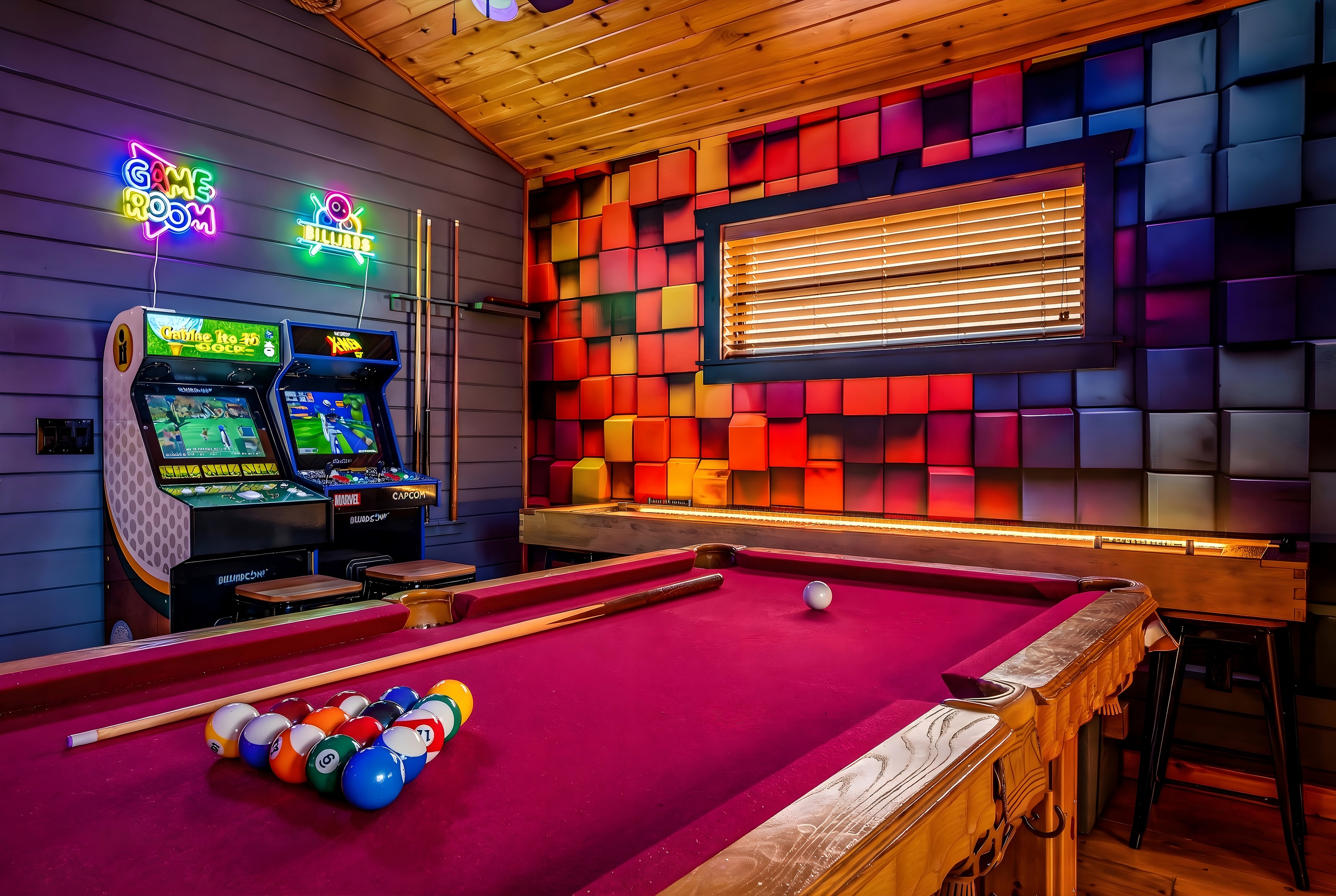 Three ways to play upstairs and nowhere to be — grab a cue, challenge someone to shuffleboard, or light up the arcade. Just one game never stays just one