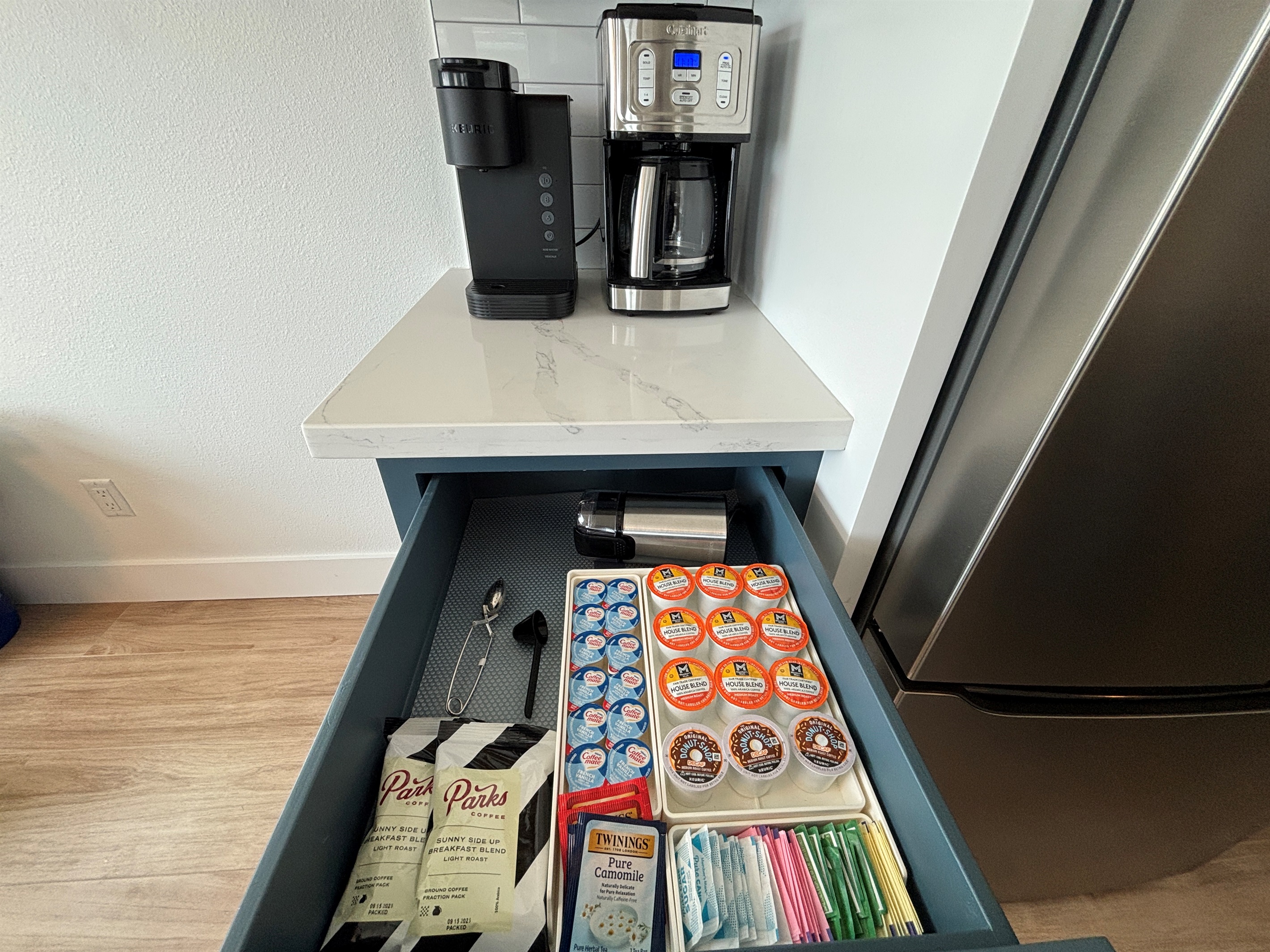 All of the supplies you need for a great cup of coffee or tea in the morning as you watch the ocean waves!