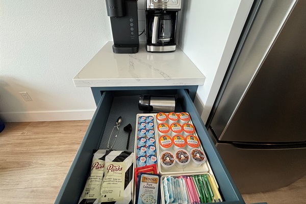 All of the supplies you need for a great cup of coffee or tea in the morning as you watch the ocean waves!