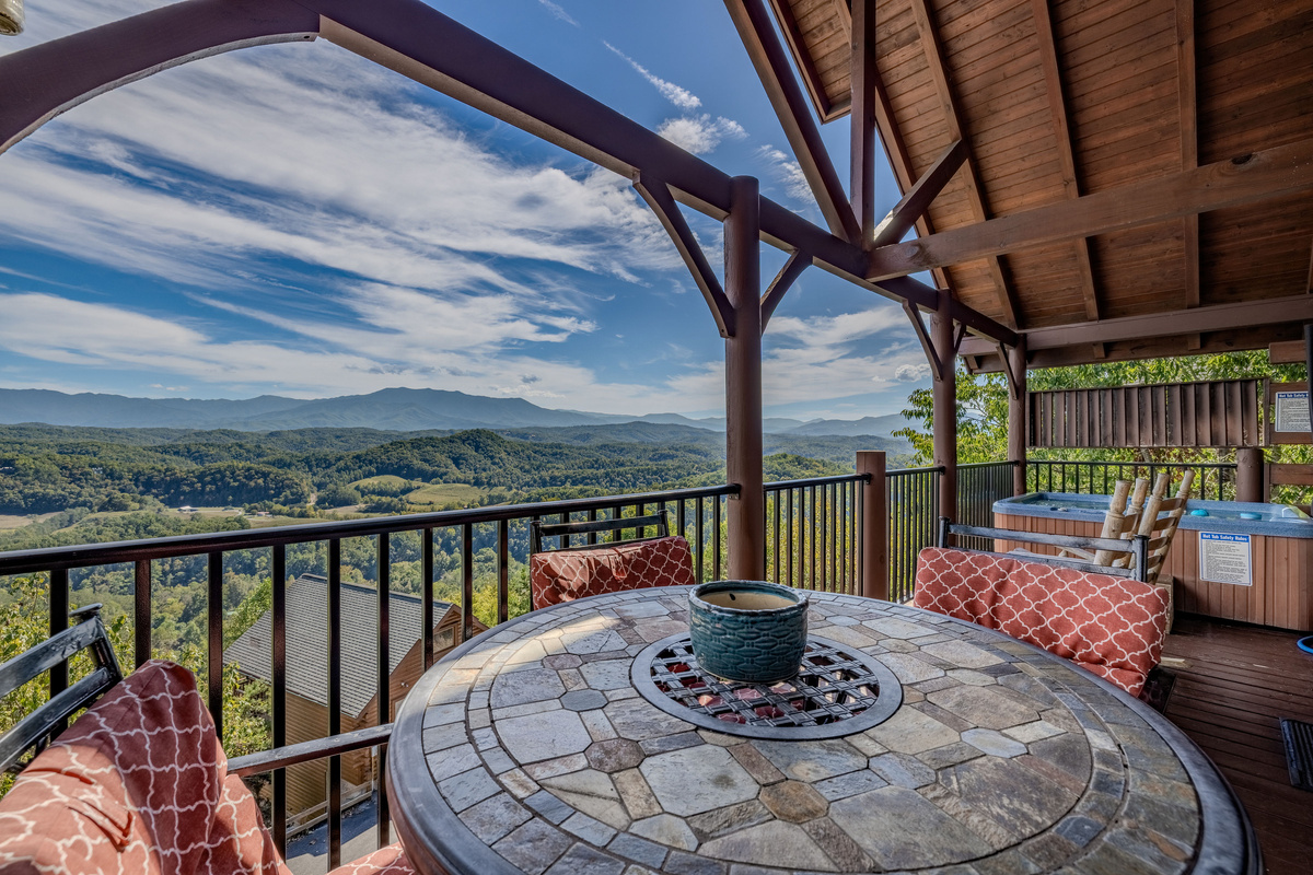 The upper level has a soothing hot tub