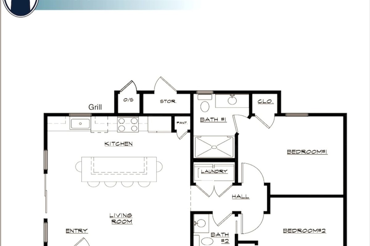 Condo floor plan. Private patio is located outside the sliding door on the left side. 