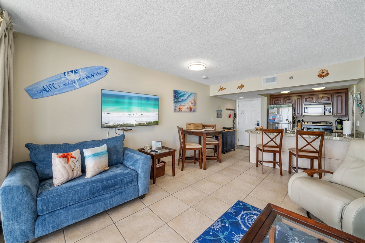 The living room, freshly updated with new furniture and decor