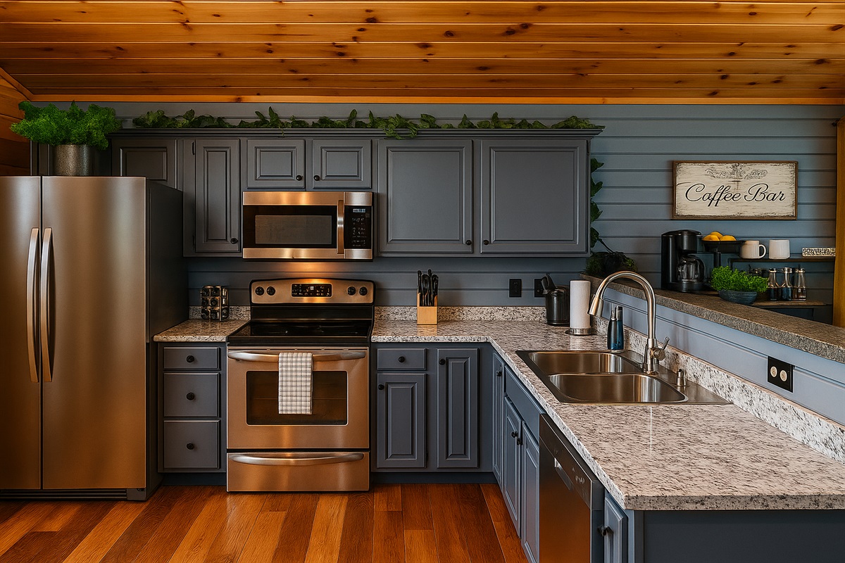 Spacious kitchen with just about everything you need to cook the best meal. New appliances, toaster oven, blender, instapot rice cooker, pots/pans, baking trays, wine glasses, mugs, knives, dinnerware, dining for kids, and basic condiments.