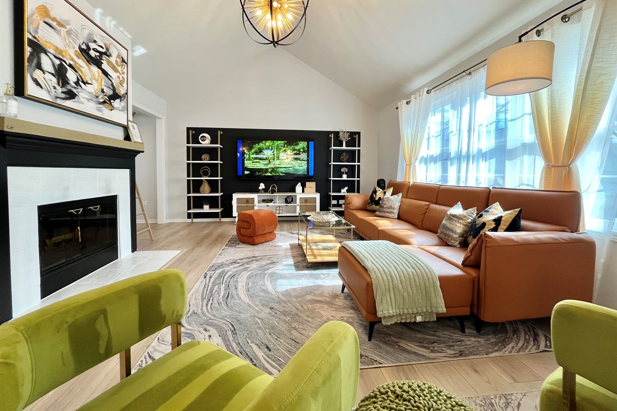 Beautiful living room with Cathedral Ceiling with lots of natural light
