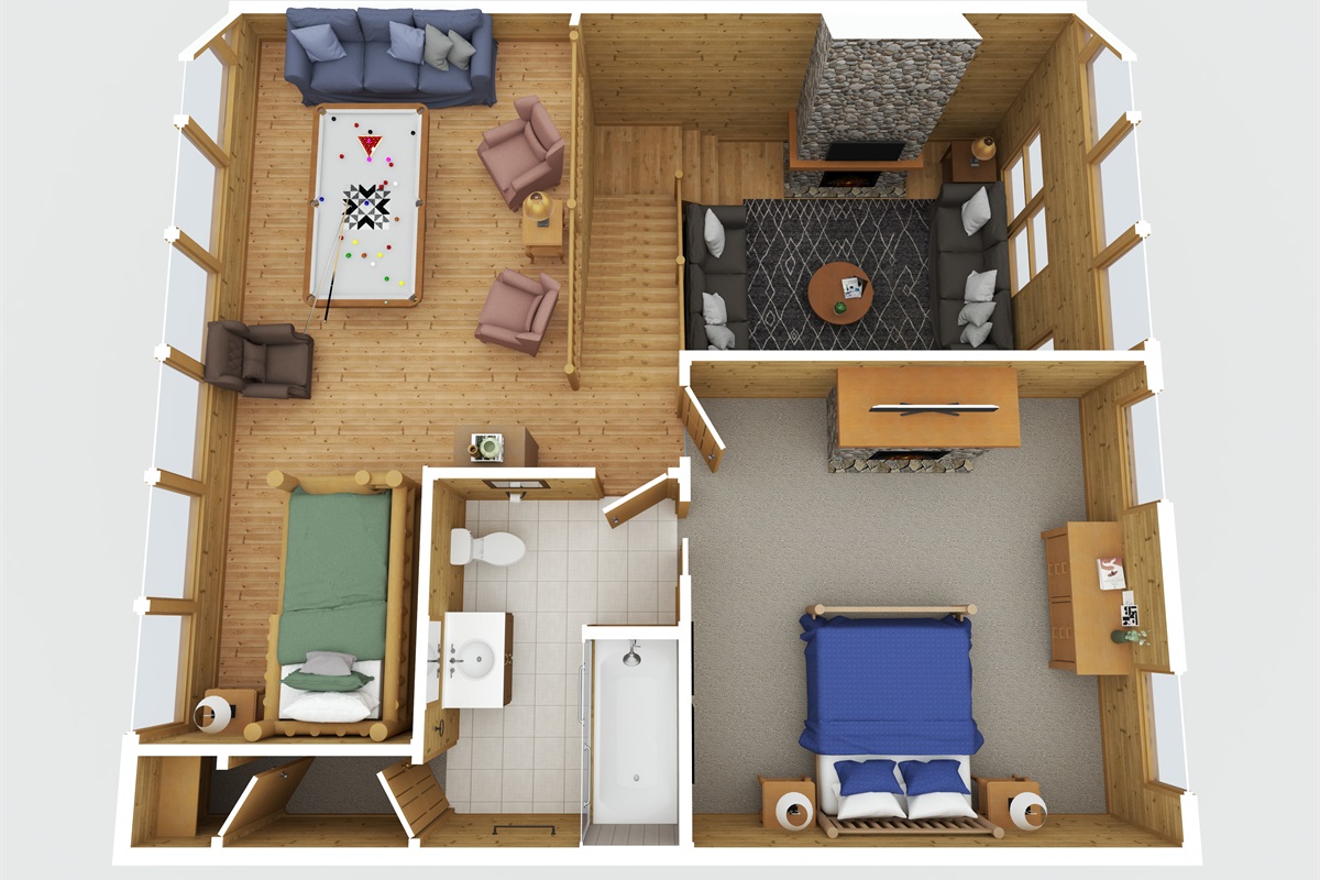 Loft level (one level up from main floor. King suite with private deck, Queen bunks, air hockey, Golden Tee, Queen sleeper sofa
