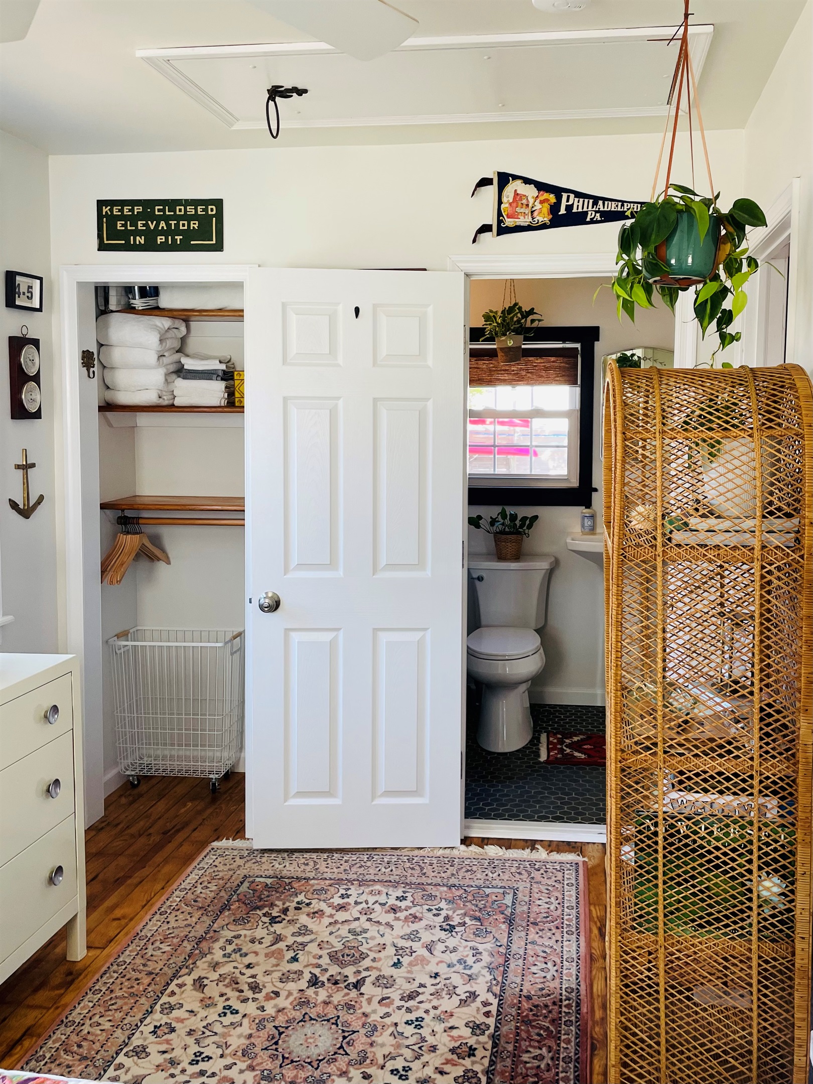 Bedroom looking into bathroom
