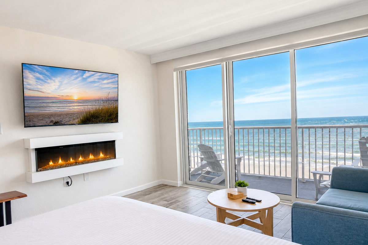 A coastal studio with wide open views.  Lay in the bed and watch the ocean and TV at the same time.