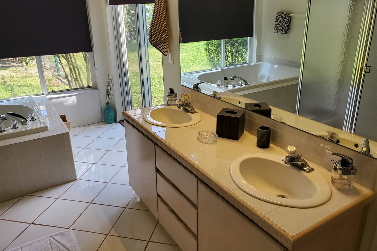 King bathroom with sunk-in tub and walk in shower