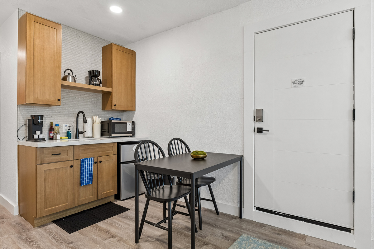 Cook almost anything in this fully stocked kitchenette complete with a mini fridge/freezer, plug in cooktop with 2 burners, microwave and all the utensils you need,