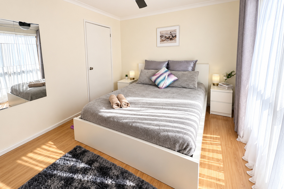 A calm and comfortable place to recharge at Carlenes Getaway, with soft bedding, warm timber floors and plenty of natural light.