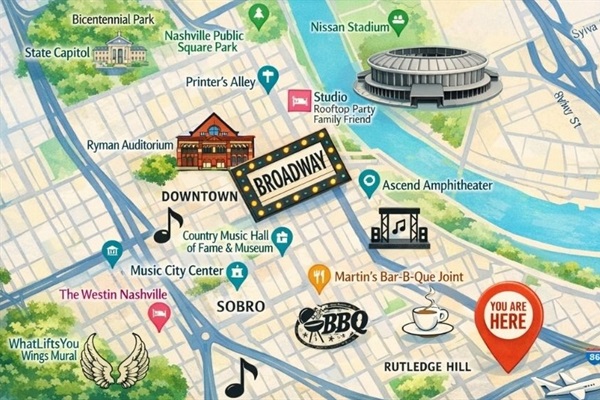 Centrally located near SoBro and Rutledge Hill, Gold Note Suite is minutes from Broadway, the Country Music Hall of Fame, Ryman Auditorium, Ascend Amphitheater, Nissan Stadium, and top local dining and nightlife.