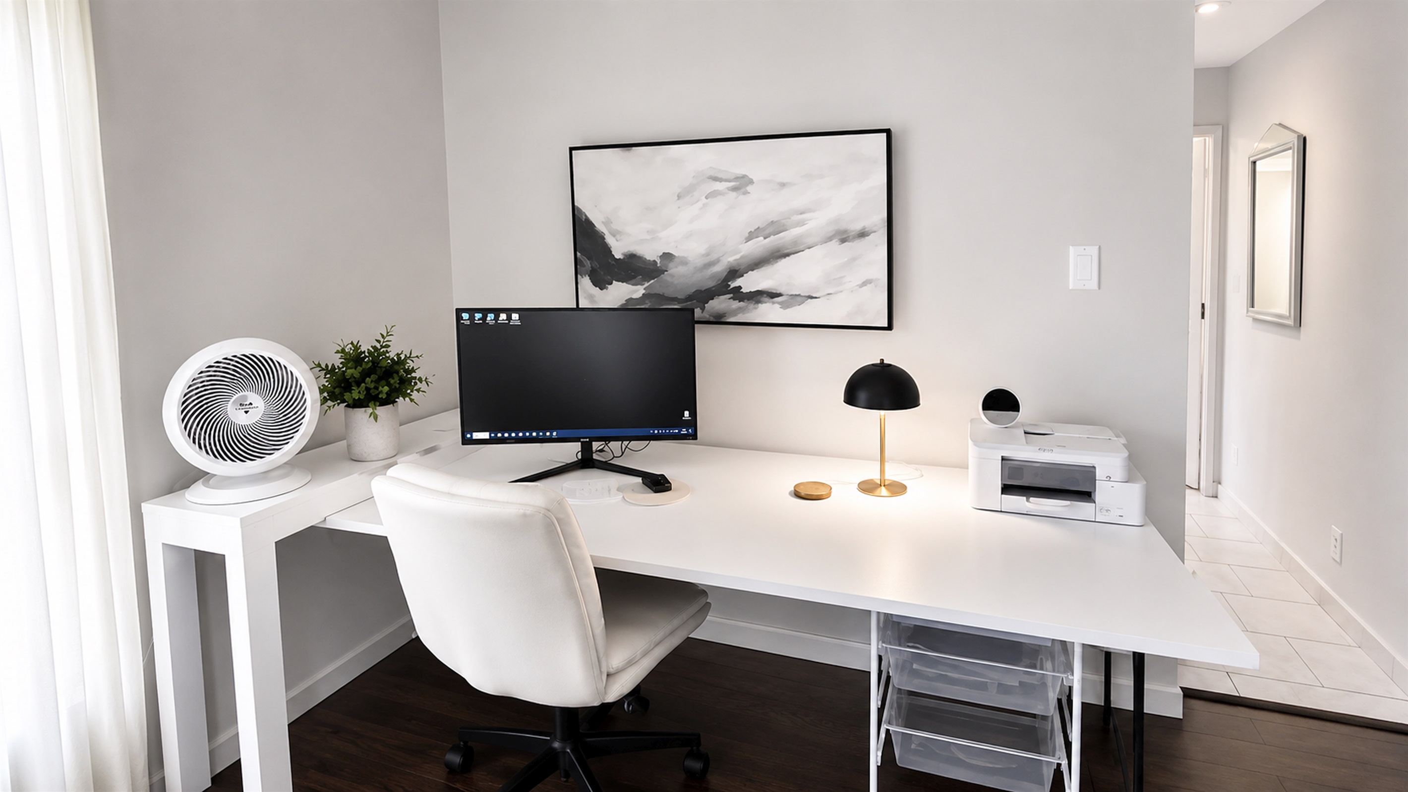 Dedicated workspace with desk setup, monitor, and printer — ideal for remote work or longer stays