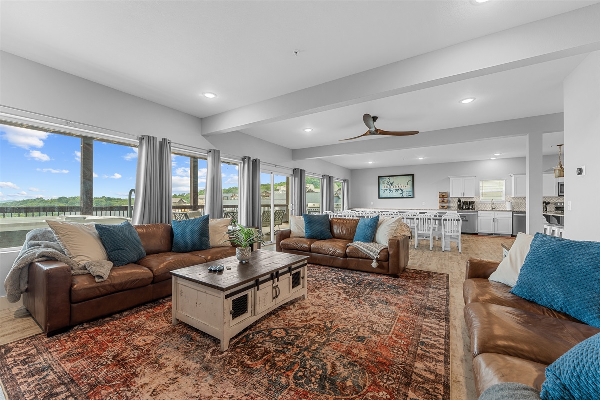 Great Room with electric fireplace and 65 inch smart TV