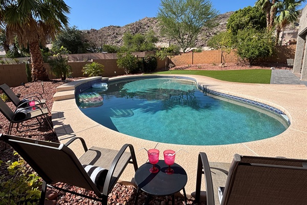 Large 38' heated saltwater pool with South Mountain view