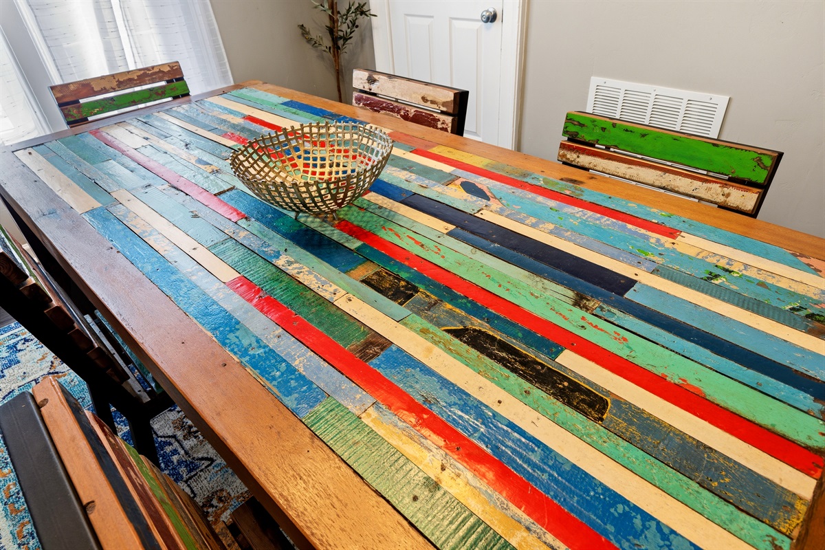 The stories this table could tell!   Dining room table for six, handmade from reclaimed teak Bali fishing boats.